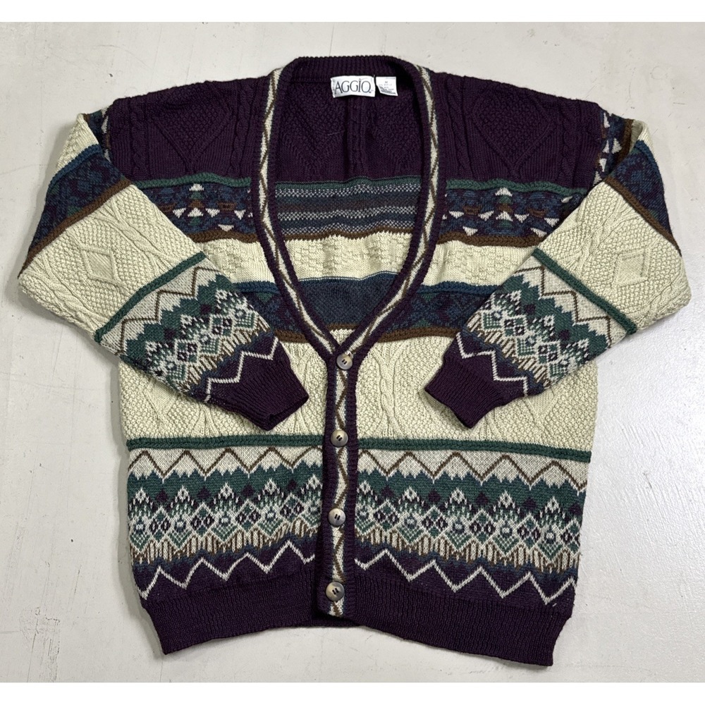 AGGIO Vintage Cardigan Geometric Knit Wool Blend Button Front Sweater Medium
